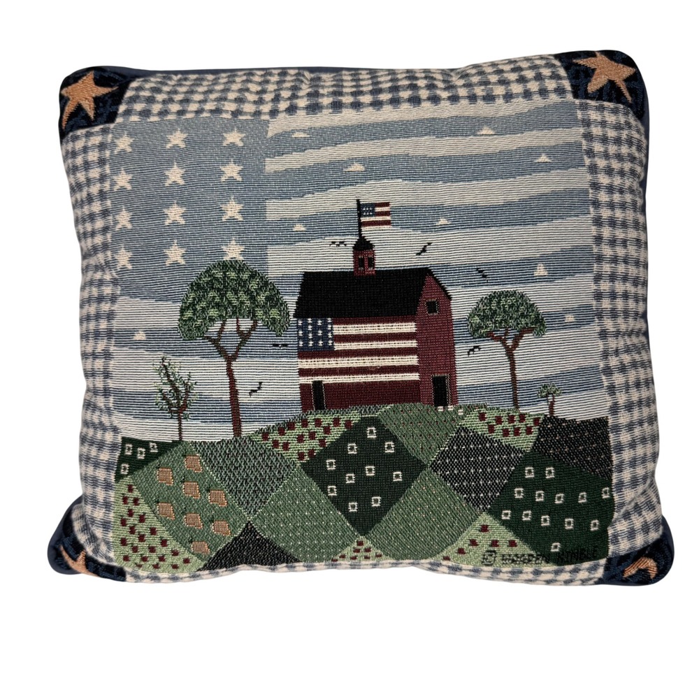 VTG Warren Kimble Americana Barn Flag Woven Tapestry Throw Pillow Navy 17"x16.5"